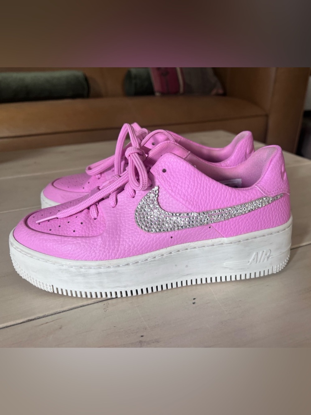 Custom Crystal Swoosh Nike Pink Leather Air Force 1